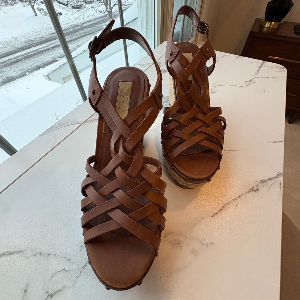 Lauren Ralph Lauren Stacey Tan Woven Wedge Espadrille Sandals